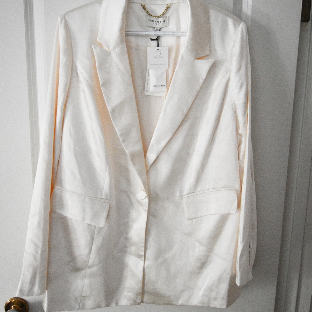 Skies Are Blue Cream Satin Single-Button Blazer